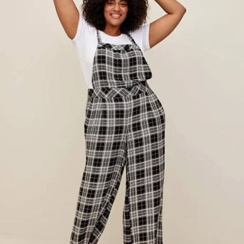 [Torrid] Women's Black, White & Tan Plaid Sleeveless Academia Jumpsuit
